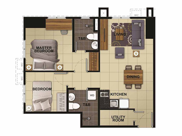 2-bedroom floor plan with 2 toilet and bath