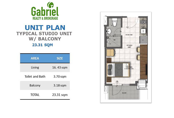 typical residential studio with balcony floor plan