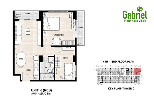67 sqm 2 bedroom condominium floor plan
