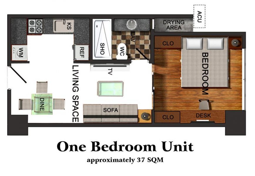 1 bedroom floor lay out in one pavillon condominium