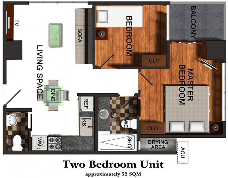 2 bedroom floor lay out in one pavillon condominium
