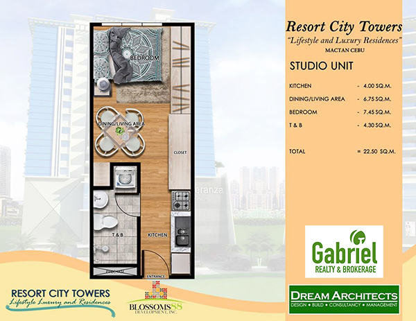 22 sqm studio condo unit floor plan