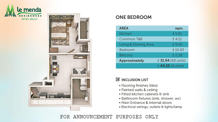 1 bedroom floor plan, le mende residences