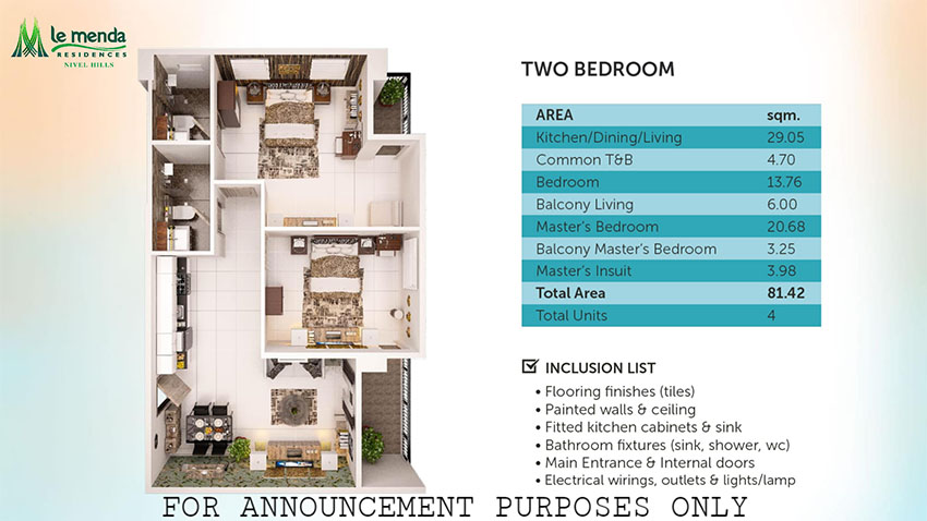 2 bedroom floor plan, le mende residences