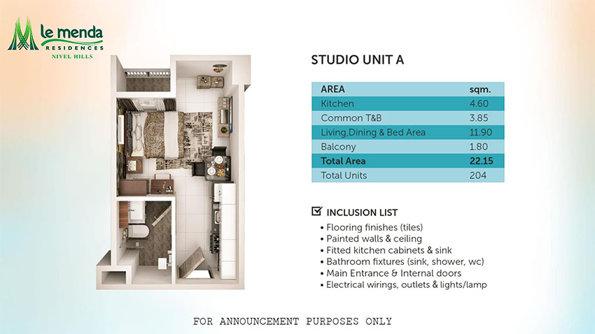 studio w/ balcony floor plan, le mende residences