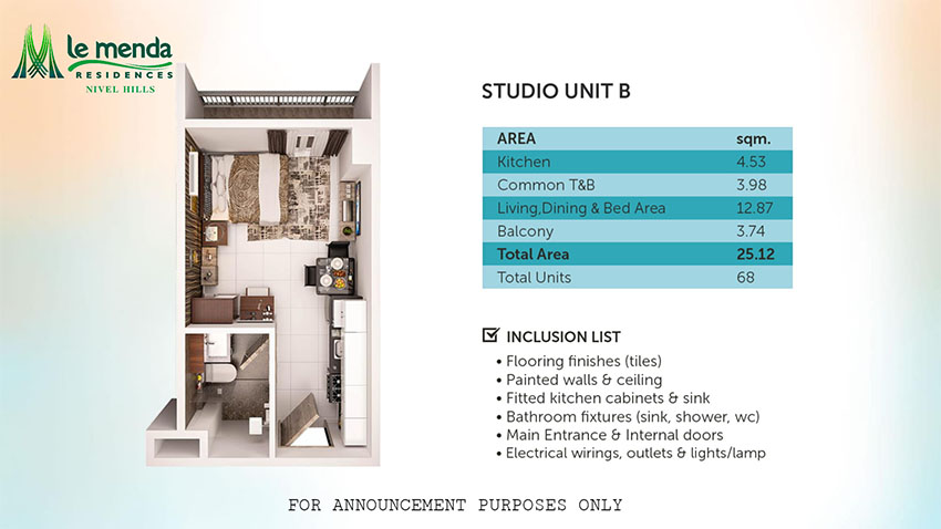 studio with balcony floor plan, le mende residences