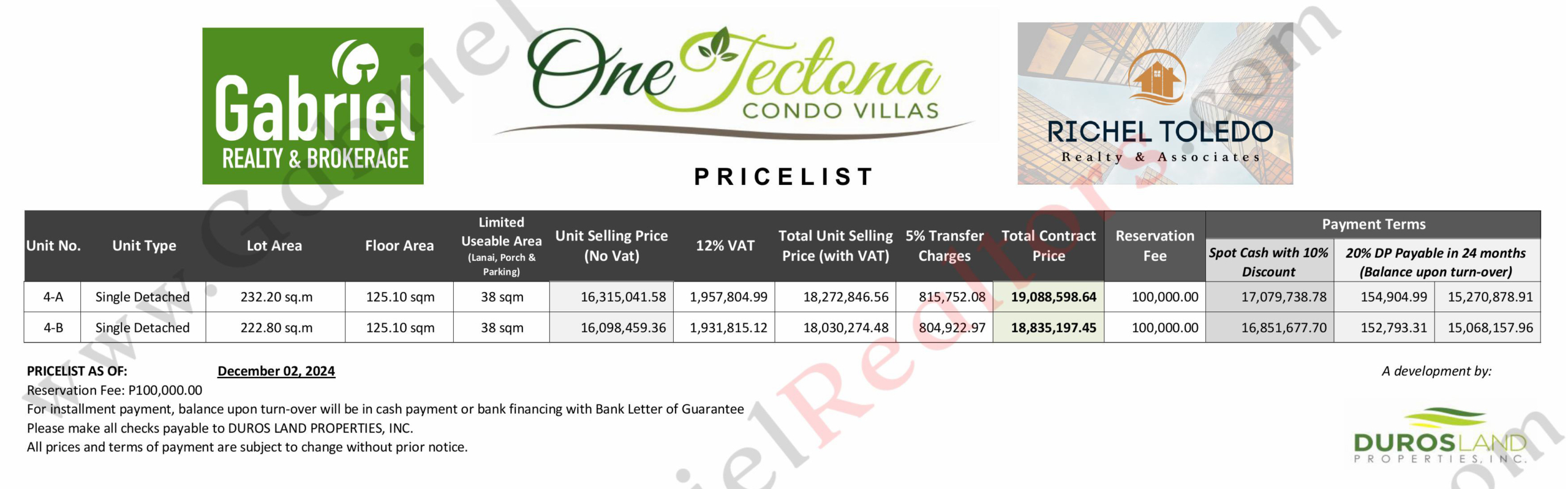 One Tectona Villas Pricelist