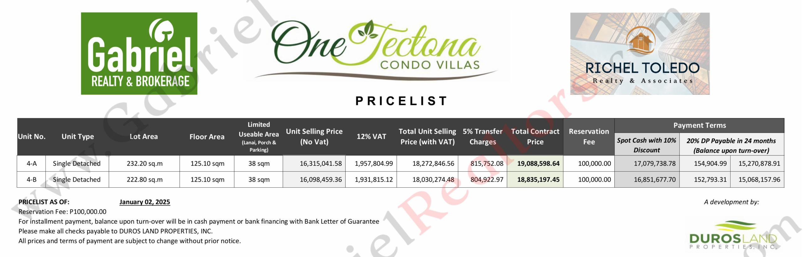 One Tectona Villas Pricelist