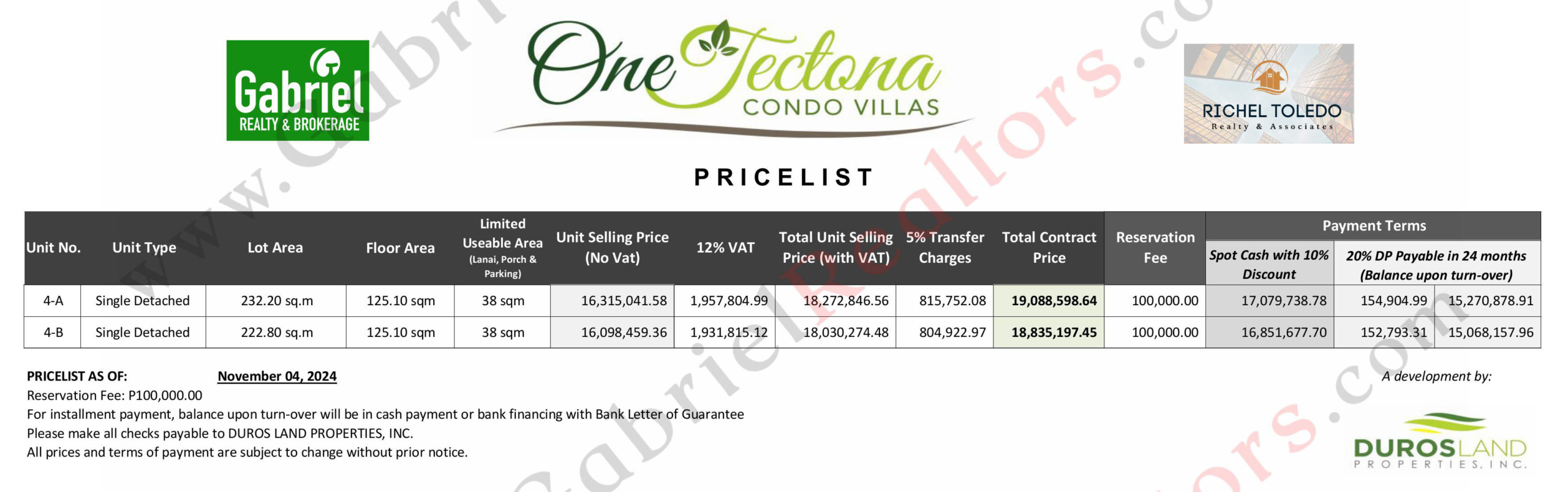 One Tectona Villas Pricelist