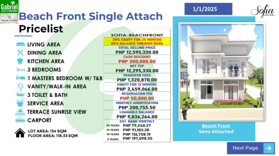 Beachfront Single Attached Pricelist