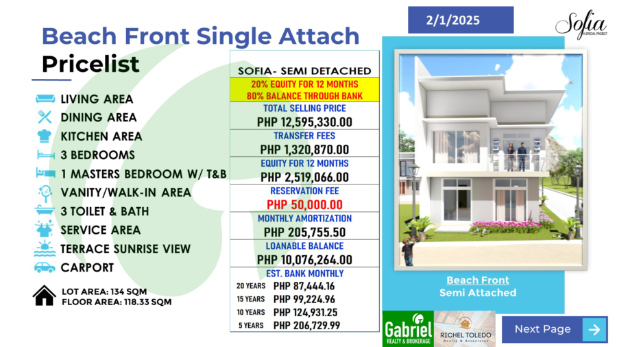 Beachfront Single Attached Pricelist