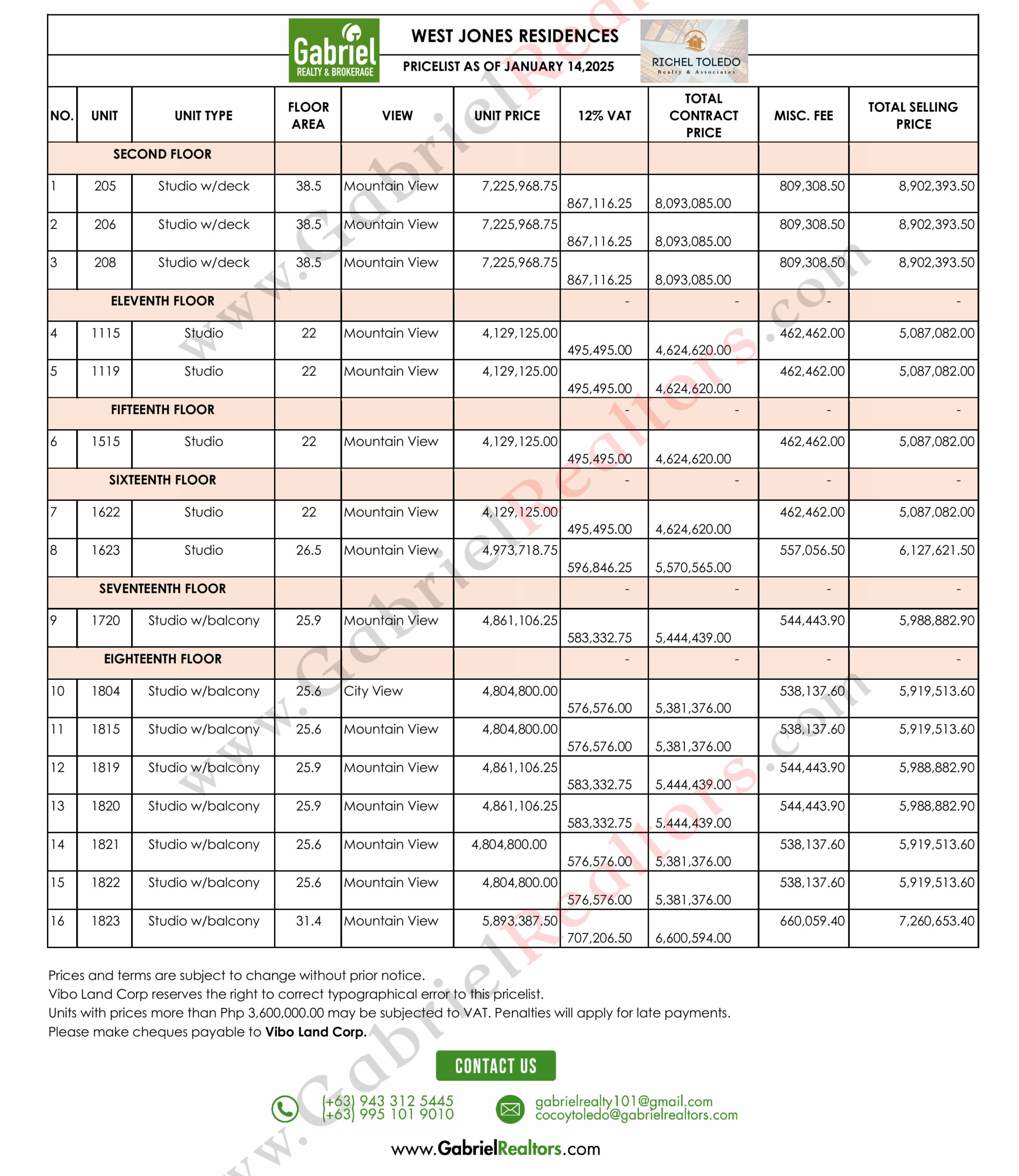 West Jones Residences Pricelist