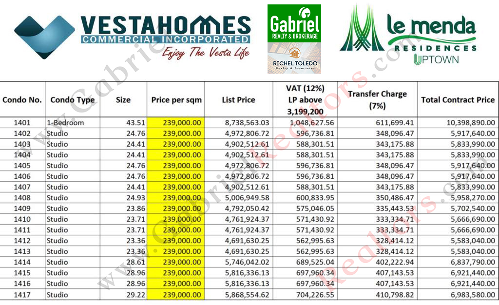 Le Menda Uptown Pricelist